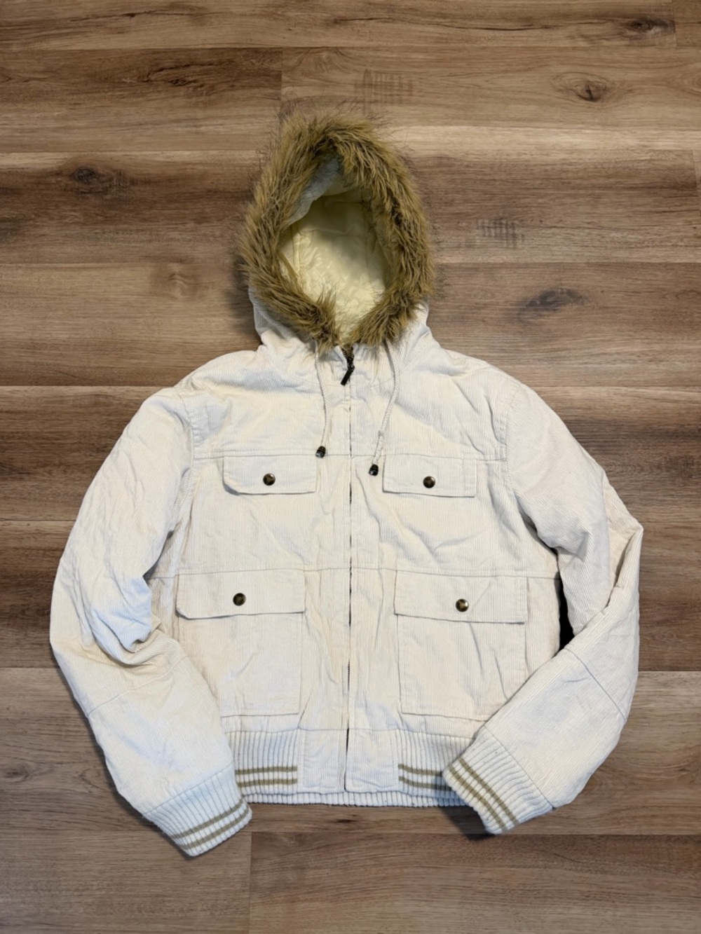 Vintage Y2K LEI Corduroy Fur‑Hooded Jacket Women’s XL White Quilted Lining